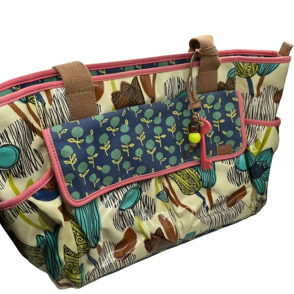 Fossil Key-Per Diaper Bag Tote Handbag Multicolor Coated Canvas Double Handle